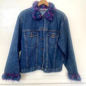Vintage Blue Denim Jacket Curly Pink Purple Accent Bill Blass Jeans Fall Winter